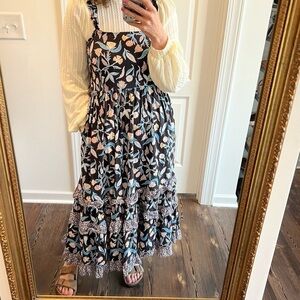 universal thread cotton floral navy blue ruffle details tiered dress pockets